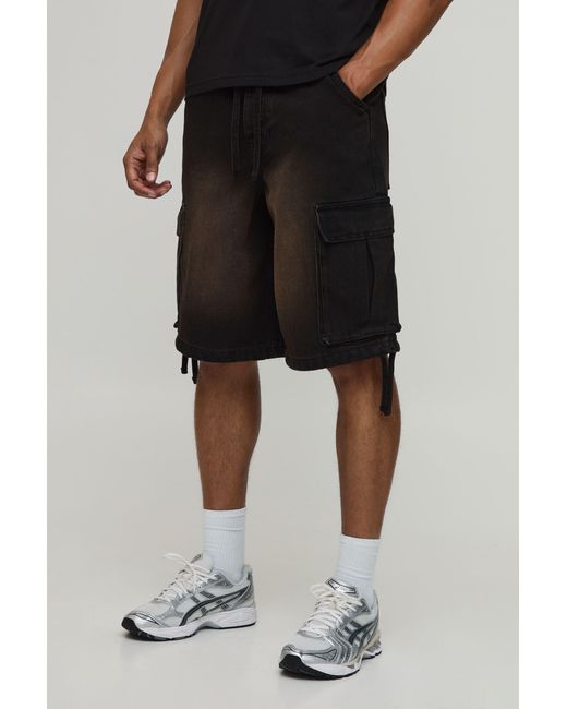 BoohooMAN Black Baggy Applique Cargo Denim Shorts for men