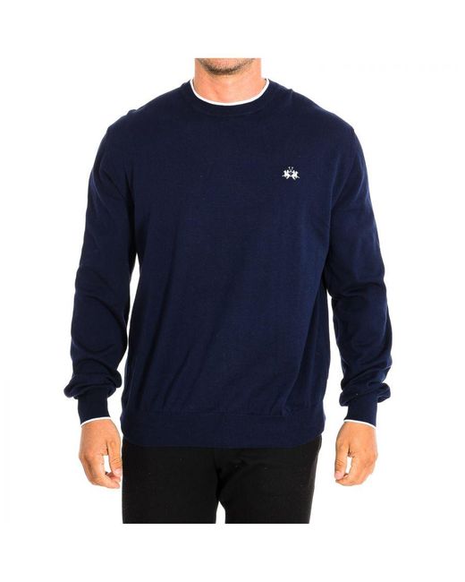 La Martina Blue Long Sleeve Sweater Tms001-xc008 Man Cotton for men