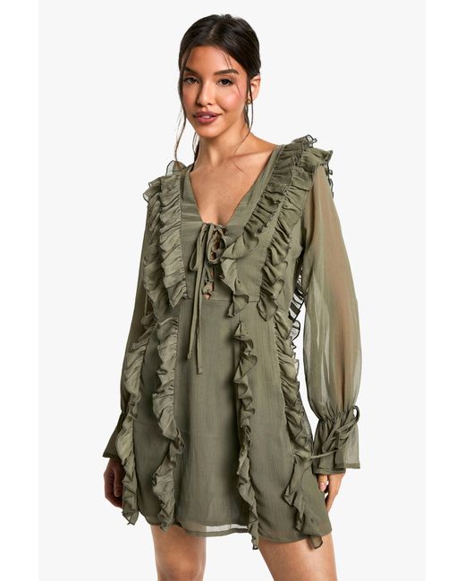 Boohoo Green Crinkle Chiffon Ruffle Shift Dress