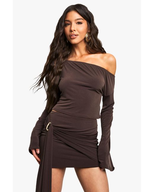 Boohoo Brown Slinky Off The Shoulder Slouchy Long Sleeve Top