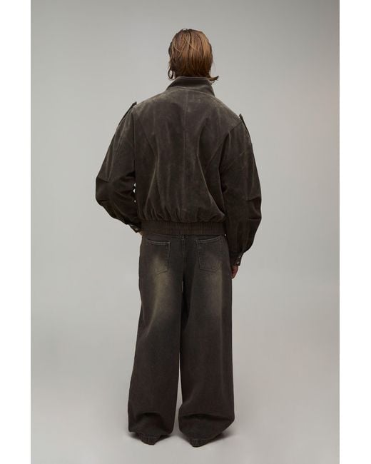 BoohooMAN Gray Boxy Fit Faux Suede Funnel Biker Jacket for men
