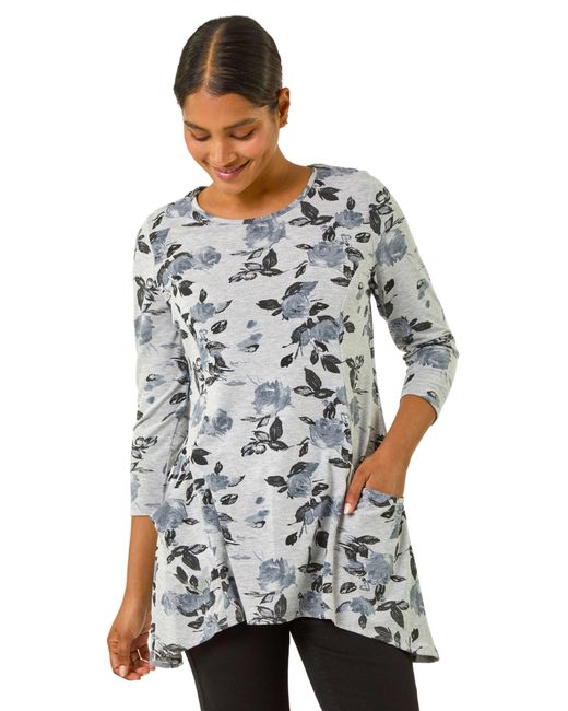 Roman Gray Floral Print Pocket Detail Tunic Stretch Top