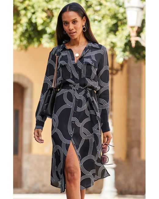 Sosandar Black Geometric Chain Print Belted Shirt Dress