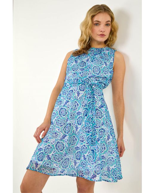 D.u.s.k Blue Floral Shimmer Tie Waist Dress