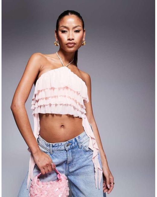 AFRM Blue Halter Neck Ruffle Top