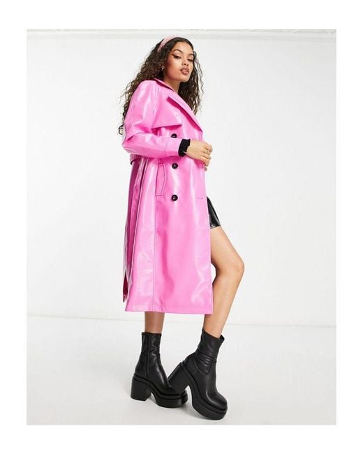 Miss Selfridge Pink Petite Vinyl Faux Leather Belted Trench Coat