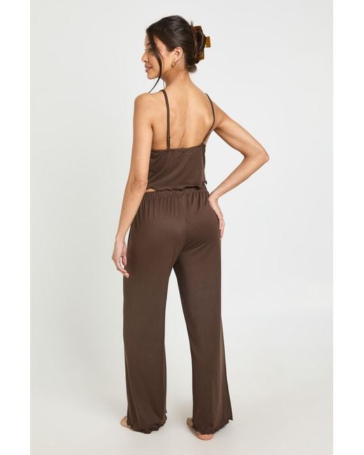 Boohoo Brown Jersey Lace Trim Cami & Trouser Pyjama Set