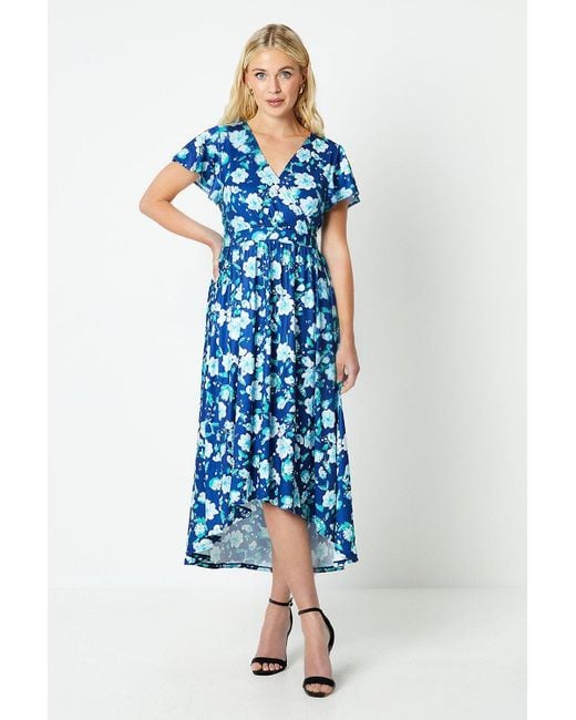 Wallis Blue Petite Printed Jersey Wrap Front High Low Hem Midi