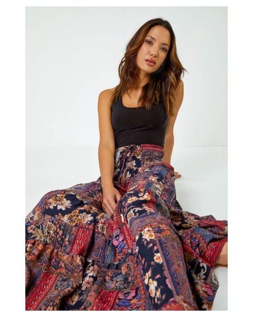 Roman Boho Floral Shirred Waist Maxi Skirt