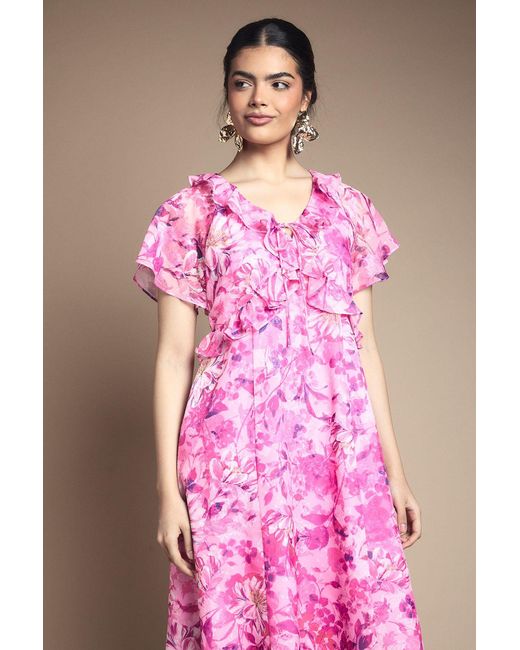 Wallis Pink Floral Ruffle Tie Front Maxi Dress