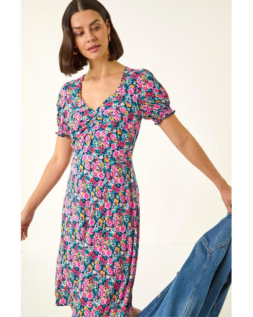 Roman Blue Floral Ruched Dress