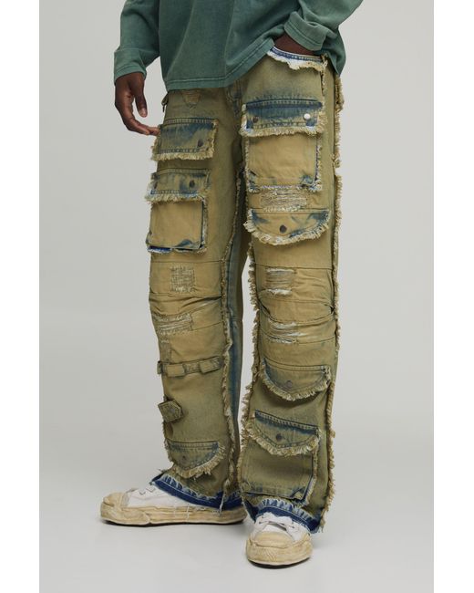 BoohooMAN Green Relaxed Distressed Washed Cargo Jeans for men