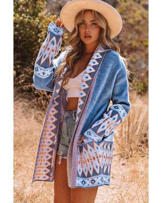 Azura Exchange Blue Knitted Aztec Print Cardigan