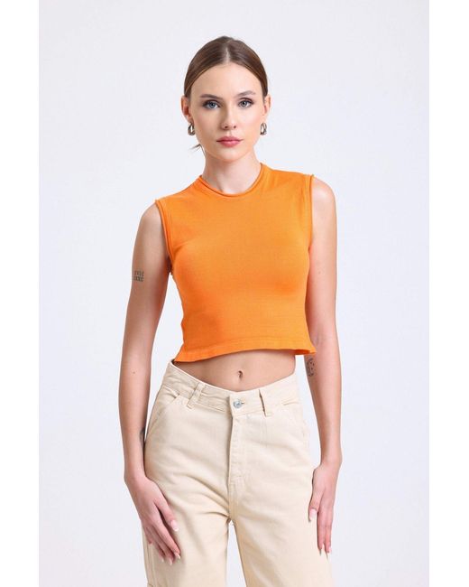Hiccup Orange Round Neck Knitted Ribbed Crop Top With A Detail