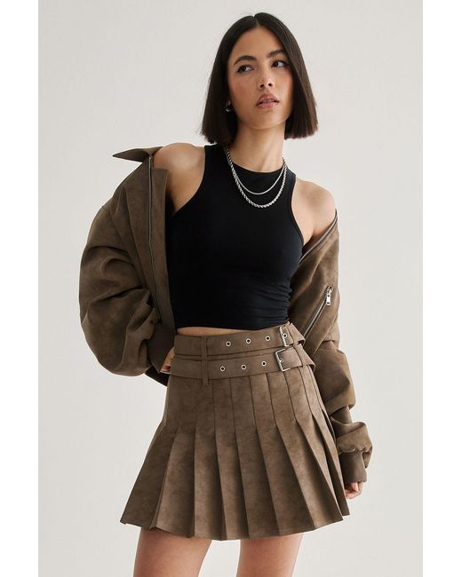 Nasty Gal Brown Distressed Faux Leather Pleated Skirt