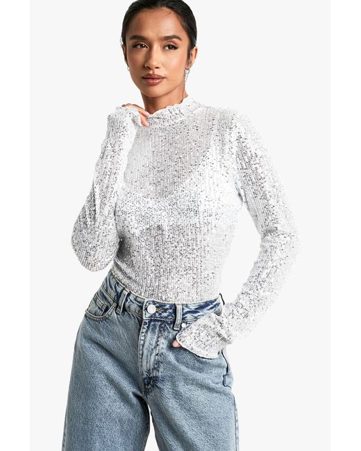 Boohoo White Petite Sequin High Neck Long Sleeved Top