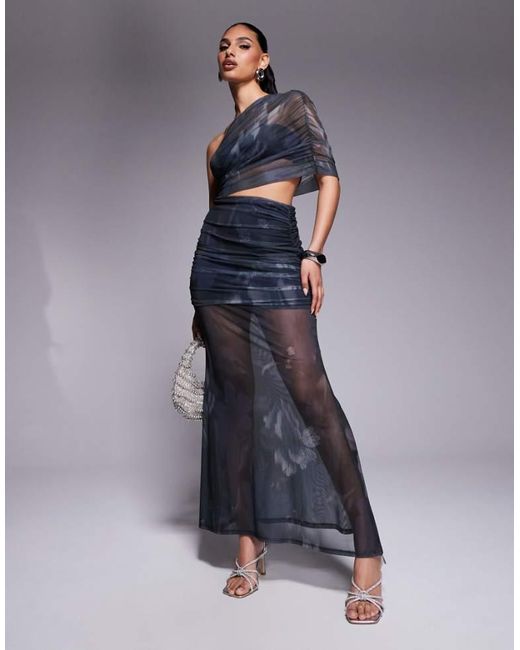ASOS Blue One Shoulder Maxi Dress With Ruched Bodice And Sheer Skirt
