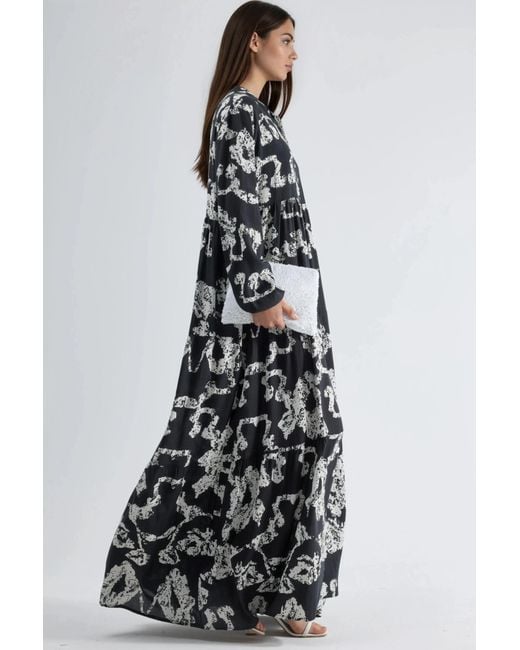 Hiccup Black V-Neck Patterned Maxi Dress With Buttons