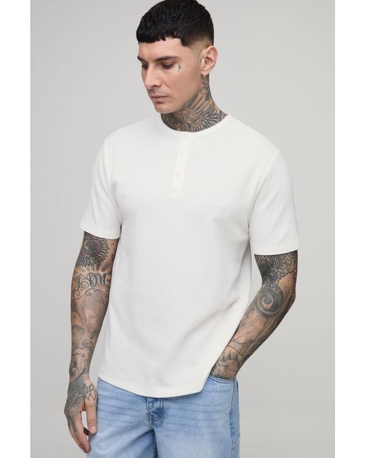 BoohooMAN White Tall Slim Fit Waffle Henley T-Shirt for men