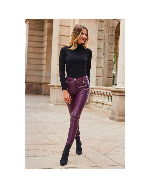 Sosandar Pink Wine Button Detail Coated Skinny Jeans