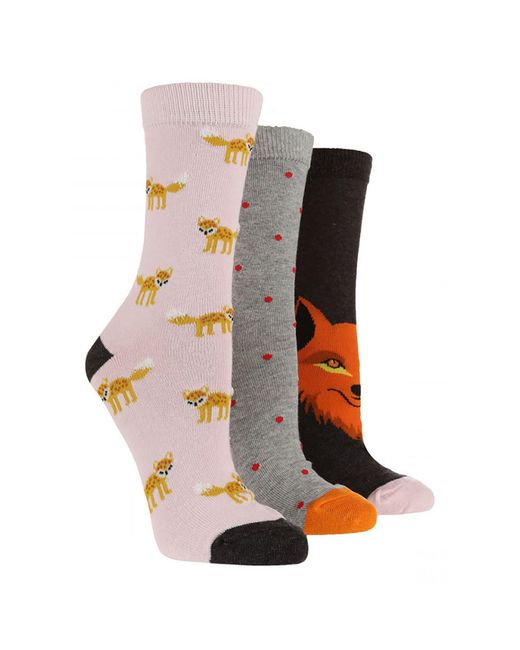 Wildfeet Brown 3 Pack Ladies Jacquard Novelty Cotton Socks