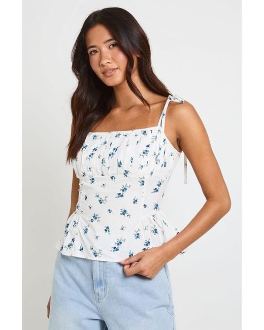 Boohoo White Ditsy Print Poplin Tie Shoulder Cami Top