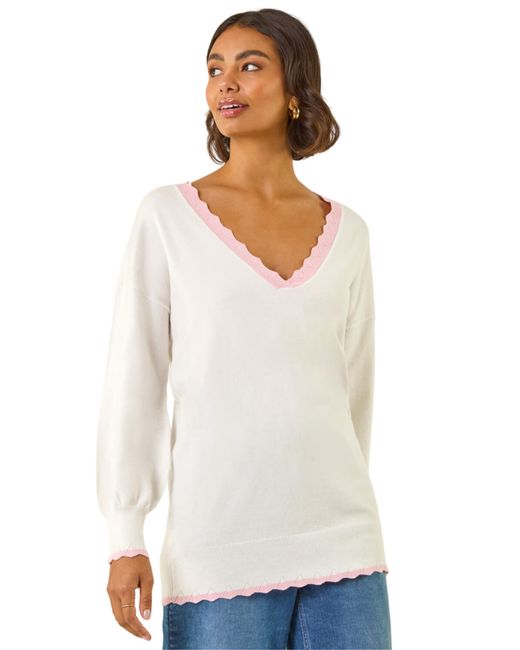 Roman White V-Neck Scalloped Boyfriend Jumper
