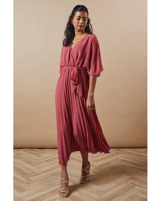 Oasis Pink Petite Occasion Kimono Sleeve Pleated Midi Dress