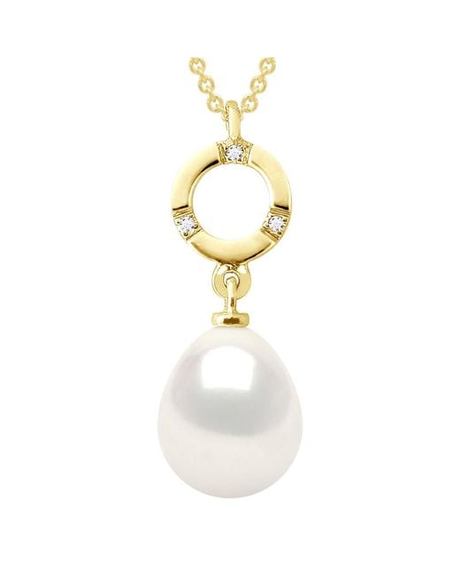 Ateliers Saint Germain Metallic Necklace Jewelry Diamond 0.01Cts And Real Cultured Freshwater Pearl Pear 9-10 Mm
