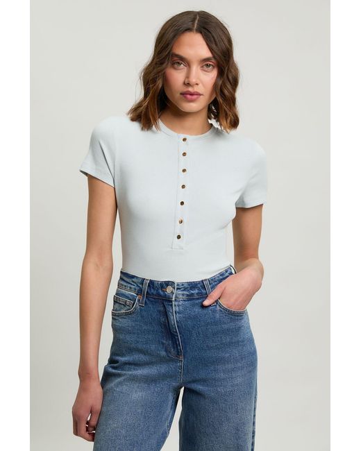 Karen Millen White Viscose Rib Button Up Crew Neck Tshirt