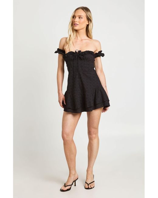 Boohoo Black Petite Broderie Bardot Ruffle Hem Mini Dress