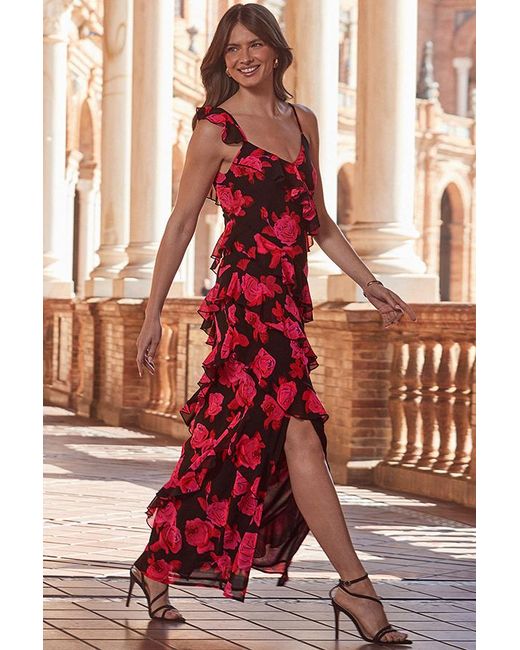 Sosandar Pink Floral Print Ruffle Detail Maxi Dress