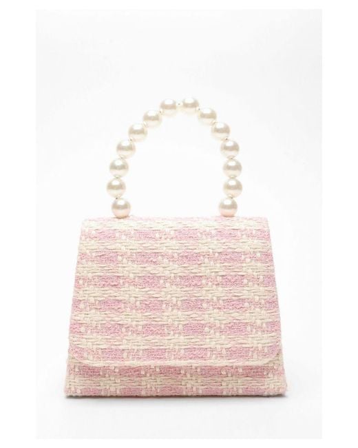 Quiz Pink Check Print Boucle Pearl Handle Bag