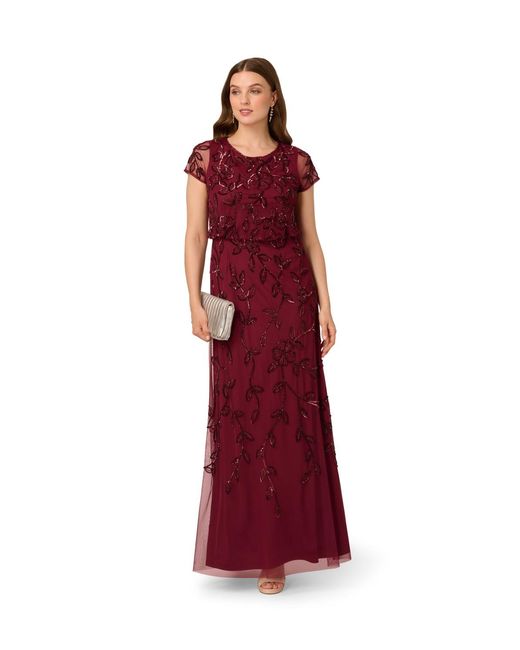 Adrianna Papell Red Blouson Beaded Long Dress