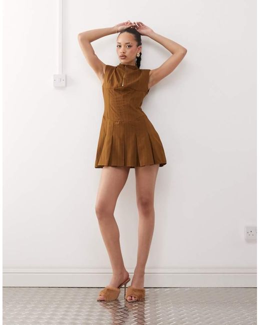 Labelrail Brown X Jennifer Mcking Corset Panneled Pinstripe Mini Dress