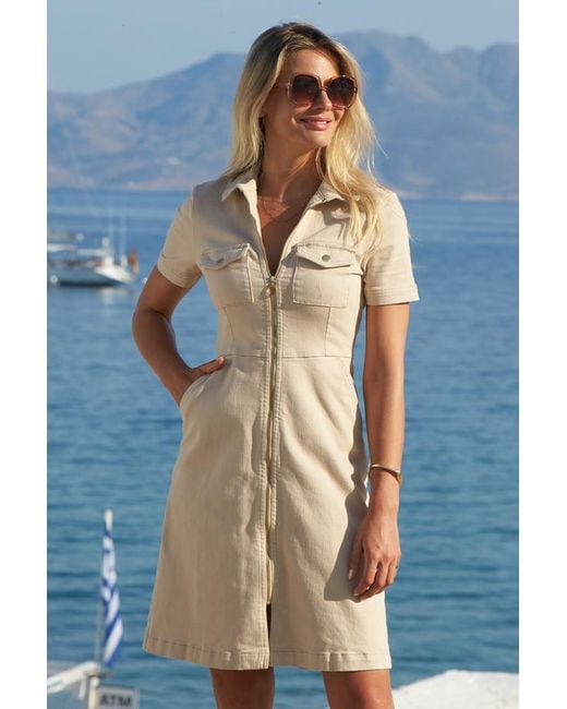 Sosandar Blue Ecru Short Sleeve Zip Front Denim Dress With Pockets