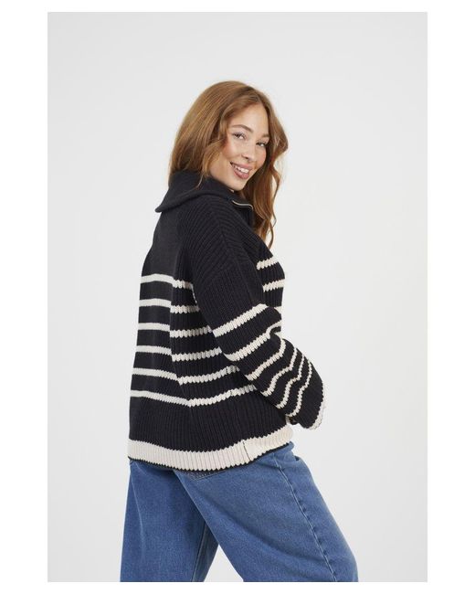 Brave Soul White Zip Through Stripe Fisherman Knit Jacket