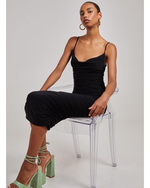 Pink Vanilla Black Cowl Neck Gathered Midi Dress