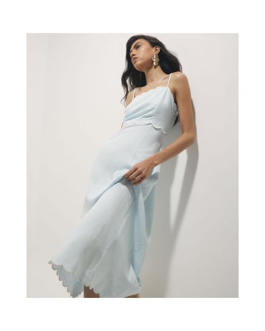 River Island White Midi Dress Linen Blend Scallop Trim Viscose