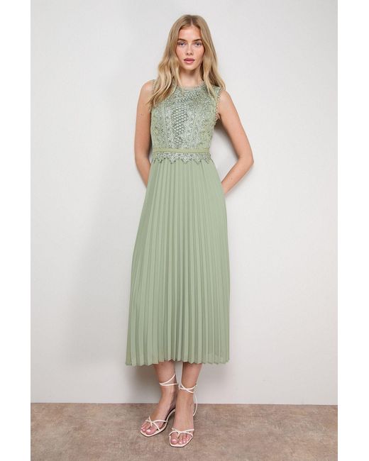 Oasis Green Lace Trim Detail Pleated Midi Dress