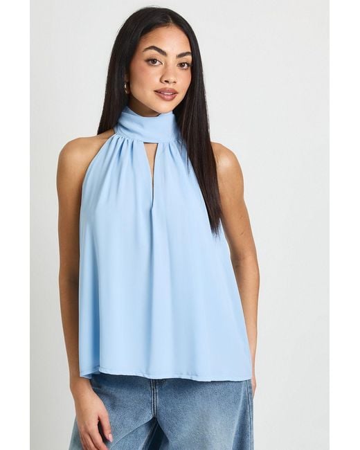 Boohoo Blue Chiffon High Neck Keyhole Blouse