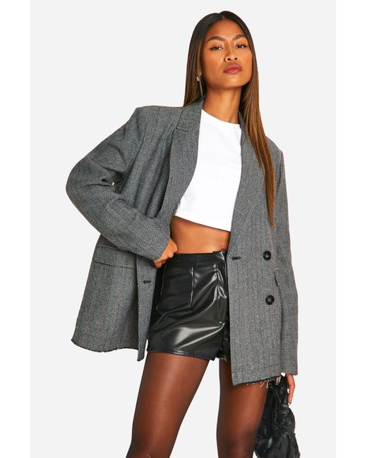 Boohoo Gray Herringbone Frayed Hem Oversized Double Breasted Blazer