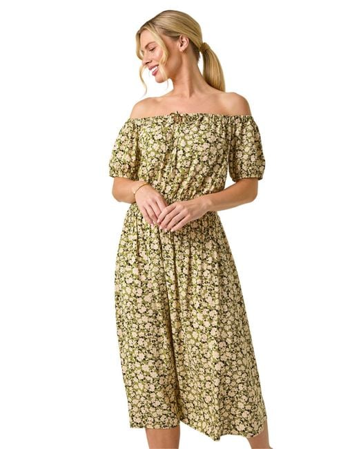 Roman Metallic Petite Ditsy Print Bardot Midi Dress