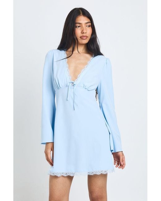 Boohoo Blue Tall Flared Sleeve Lace Trim Mini Dress