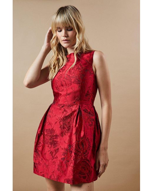 Oasis Red Jacquard Bell Mini Dress