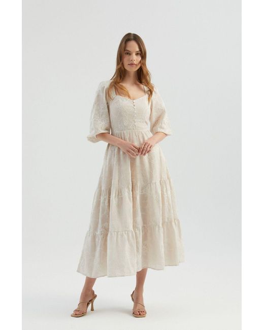 Hiccup Natural Embroidered Sweetheart Neck Tiered Maxi Dress With A Puff Sleeves