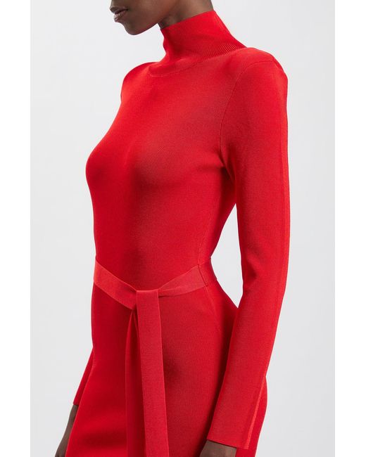 Karen Millen Red Slinky Drape Knit Power Shoulder Funnel Dress