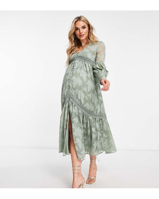 ASOS Green Design Button Through Midi Shirt Dress With Lace Inserts
