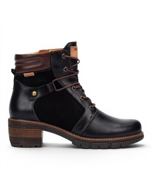 Pikolinos Black Leather Zip & Lace Up Heel Ankle Boots