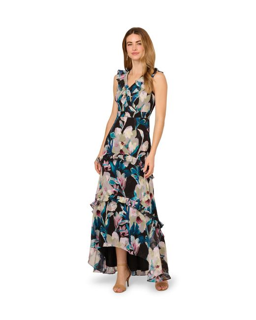 Adrianna Papell White Floral Ruffle Chiffon Gown